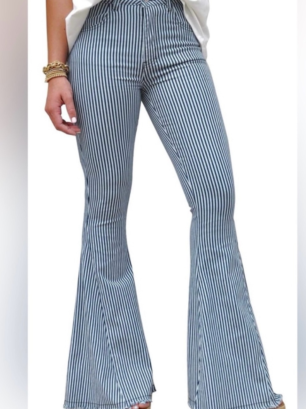 NWOT Striped High-Waist Flare Pants in Navy and White